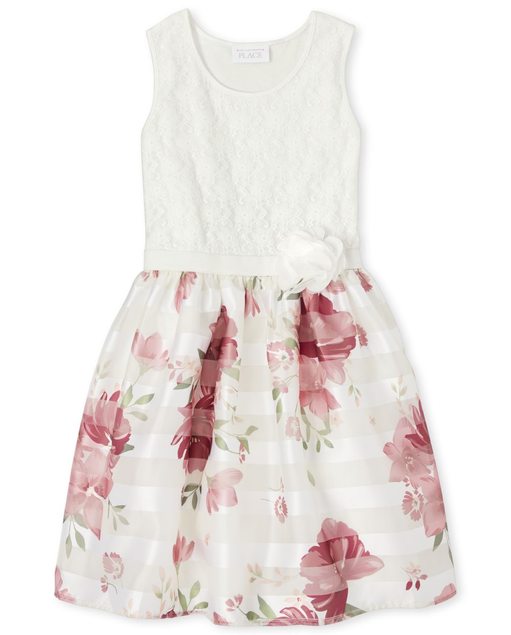 Girls Lace And Floral Knit To Woven Dress - White - The Children's Place