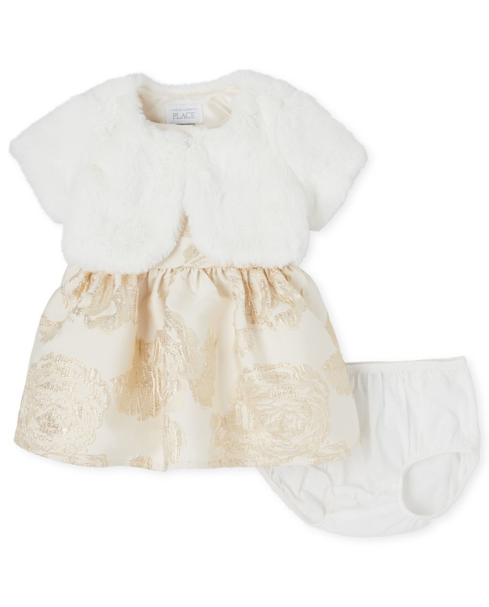 Newborn Baby Metallic Floral Jacquard Dress Outfit Set - White - The Children's Place