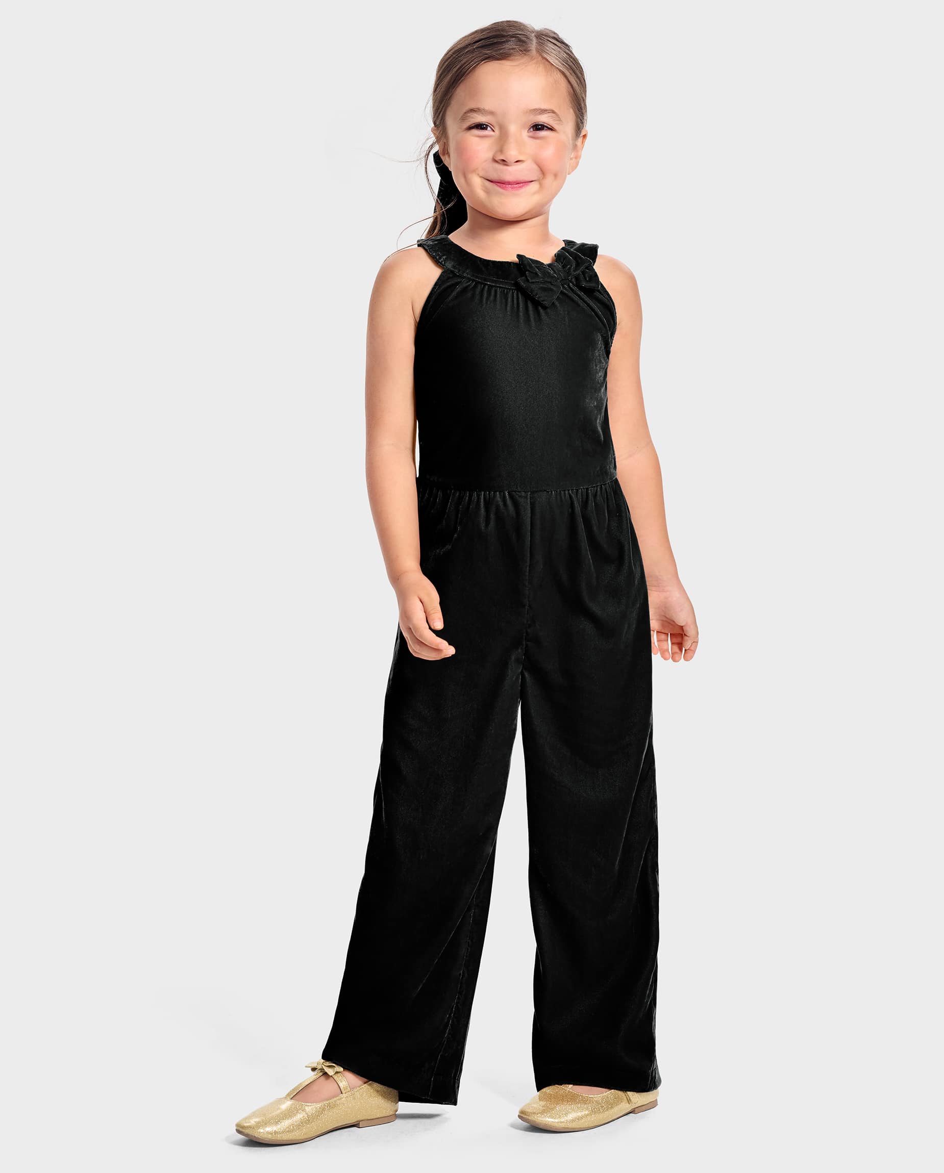 Girls Sleeveless Velvet Jumpsuit - Holiday Express - BLACK