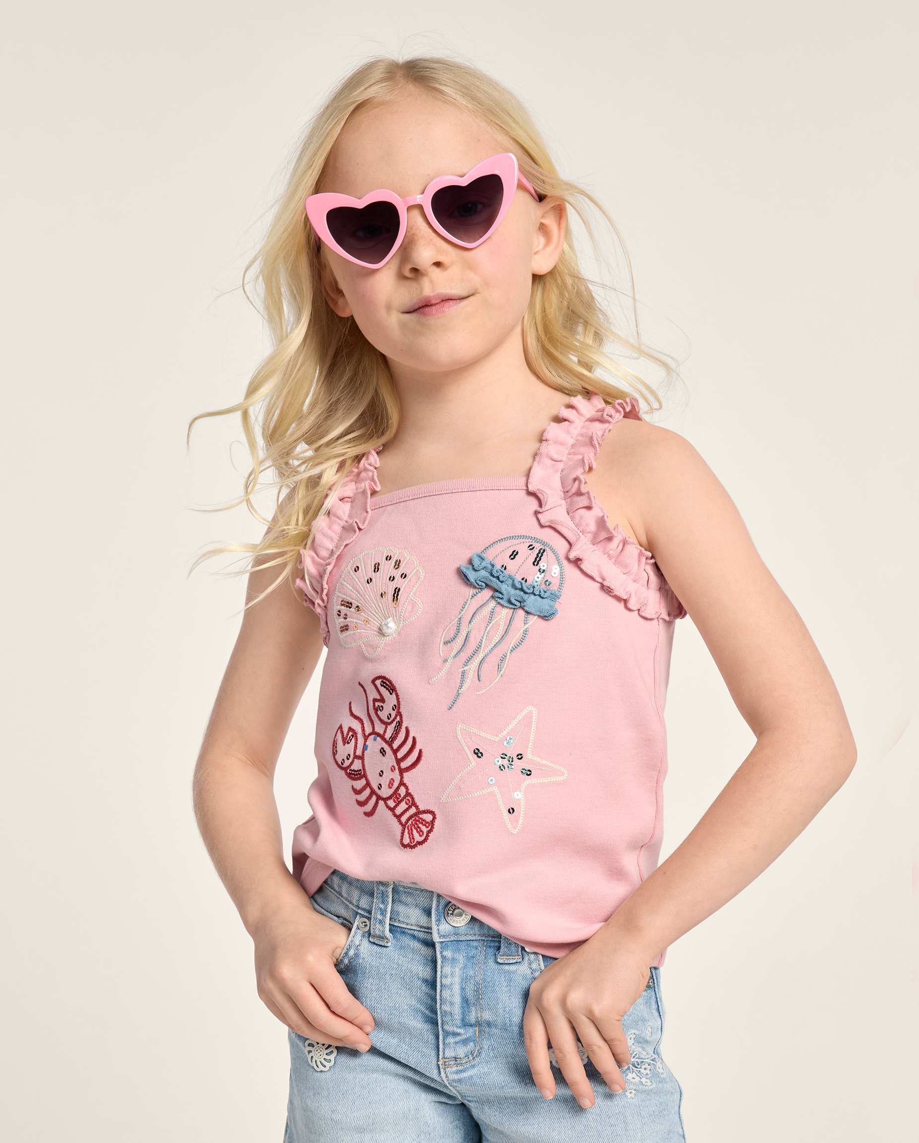 Girls Sleeveless Embroidered Sea Creature Ruffle Tank Top
