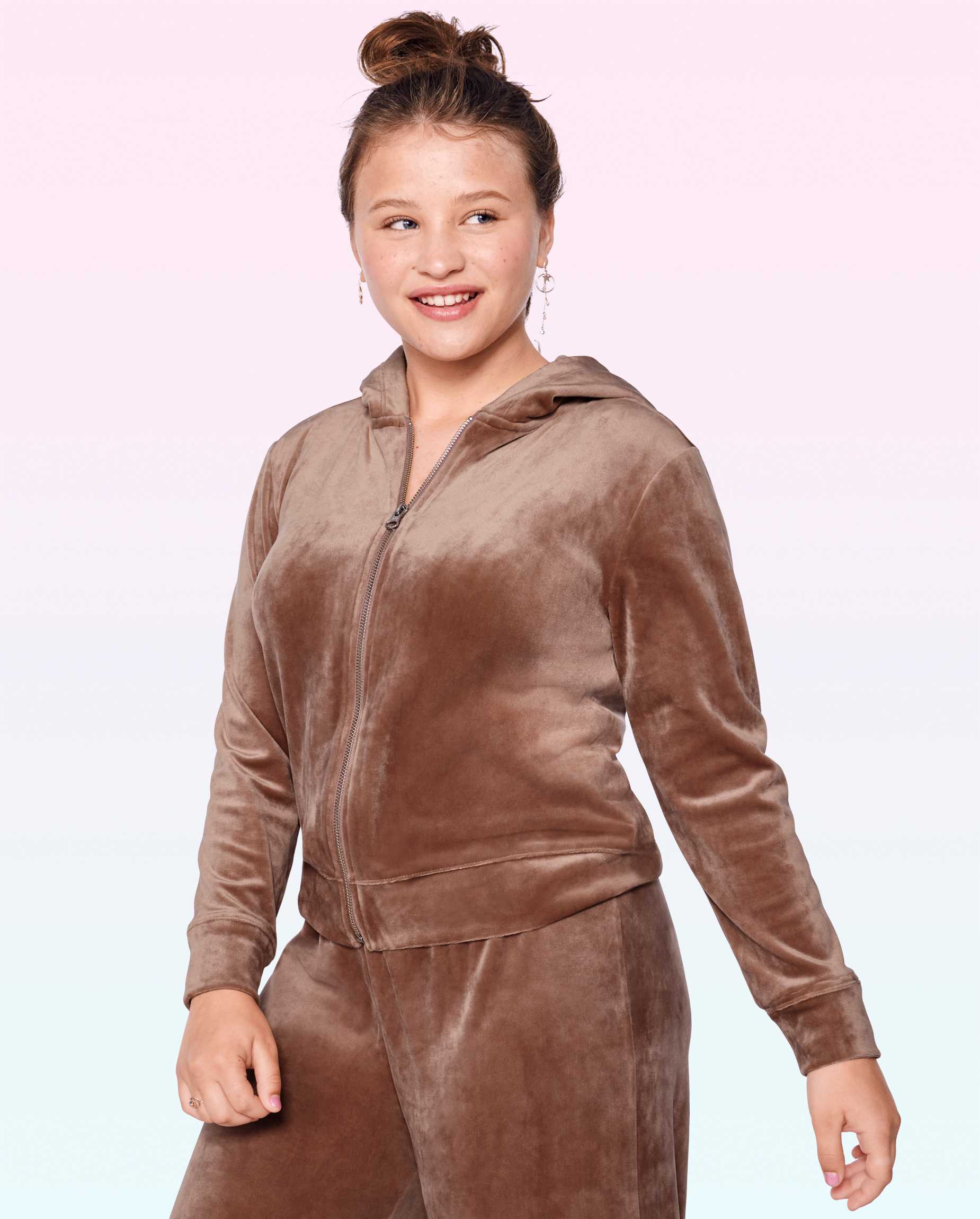Teen Girls Long Sleeve Velour Zip Up Hoodie - BROWN | The