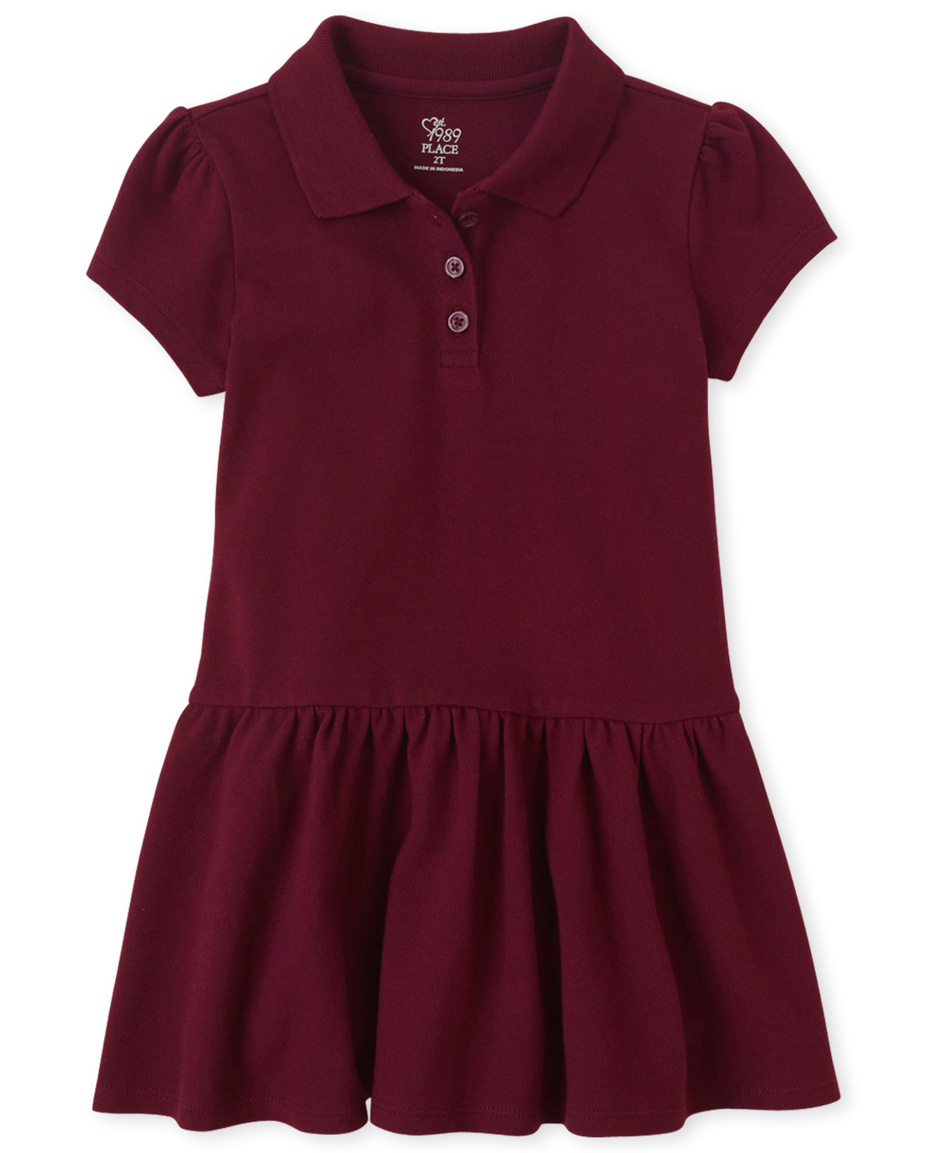 Toddler Girls Uniform Pique Polo Dress - BURGUNDY