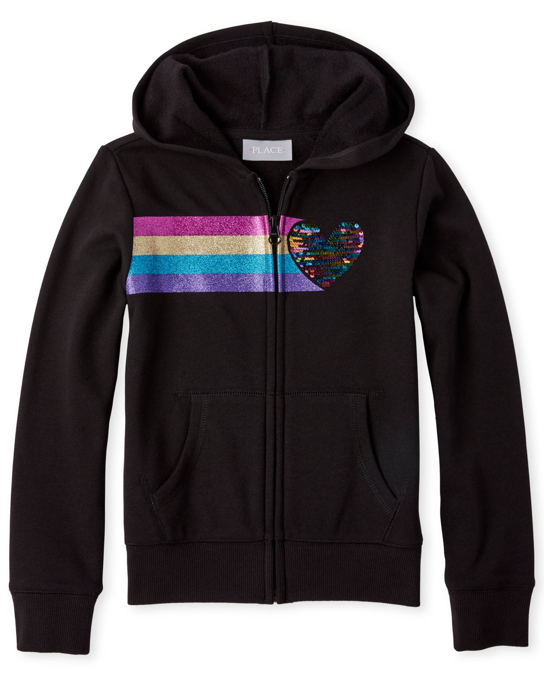 Girls Active Rainbow Embellished Graphic French Terry Zip Up