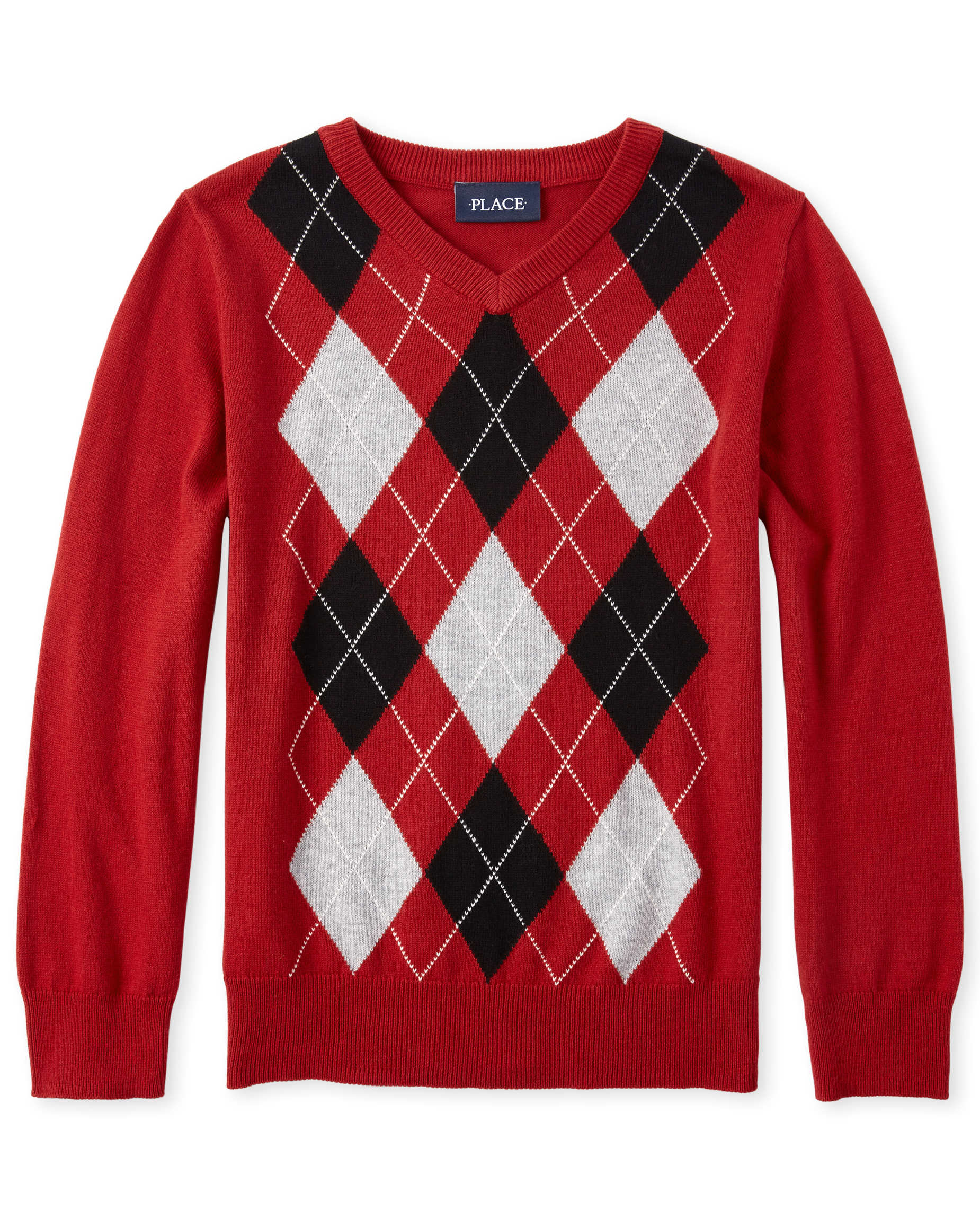 Boys Christmas Long Sleeve Argyle Matching V-Neck Sweater - RED