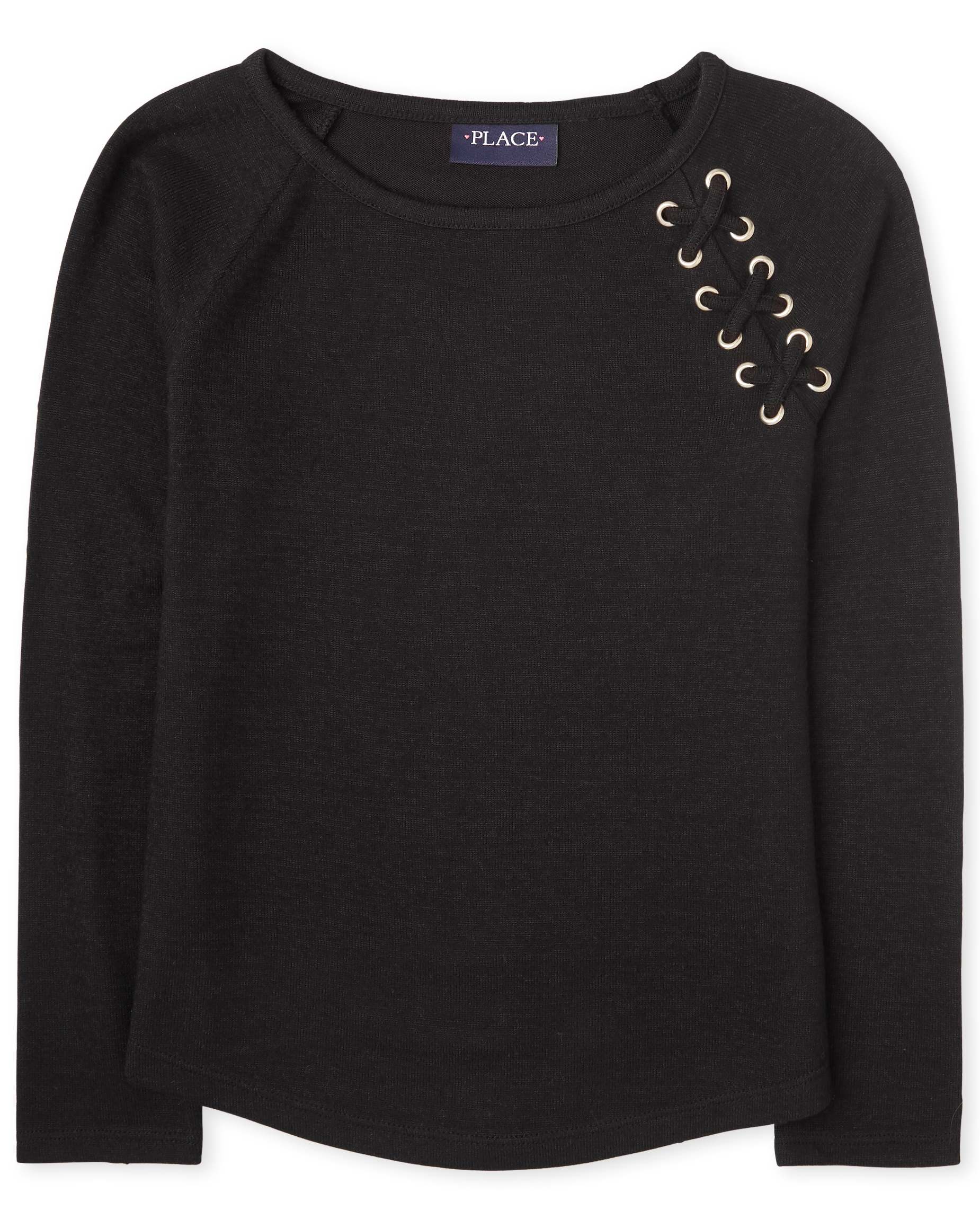 Girls Long Sleeve Lace Up Lightweight Sweater Knit Top - BLACK