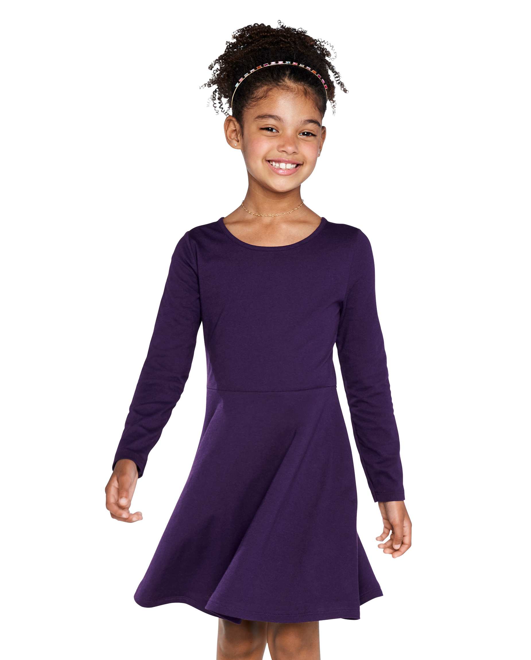 long sleeve purple skater dress Girls Long Sleeve Knit Skater Dress - PURPLE