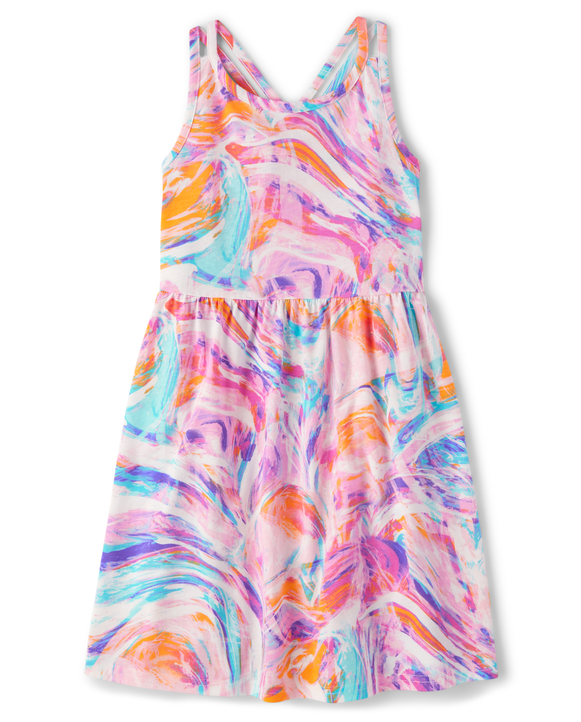 Girls Sleeveless Print Knit Cross Back Everyday Dress - MULTI