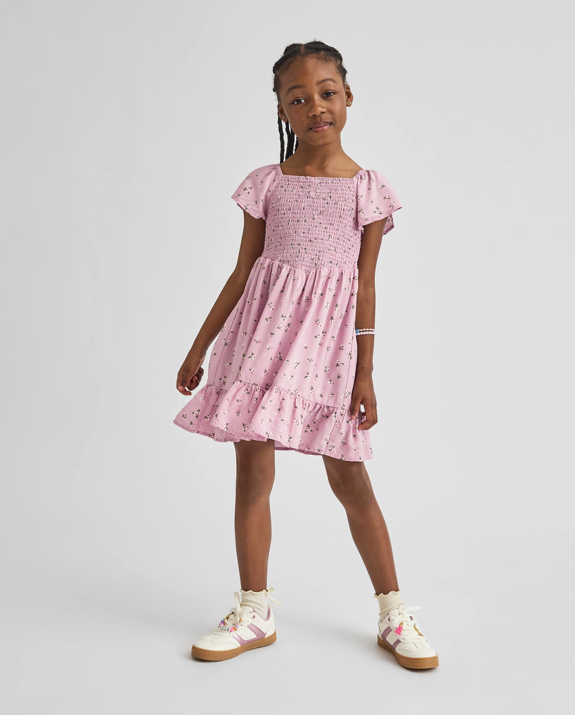 Girls Short Flutter Sleeve Floral Smocked Ruffle Dress