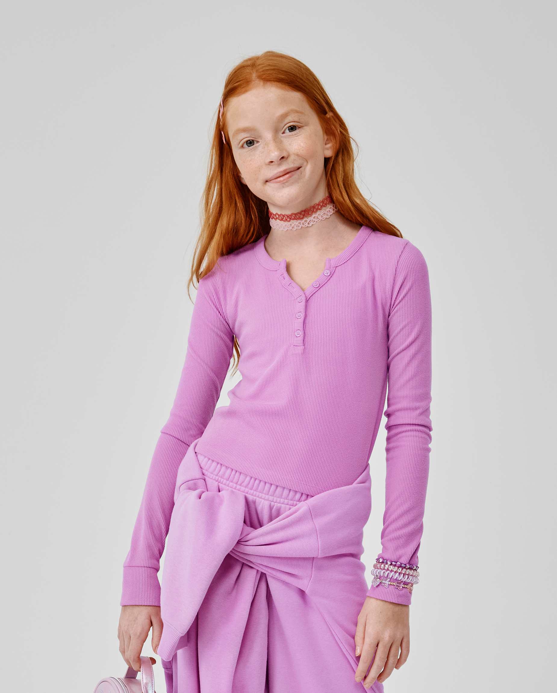 Girls Long Sleeve Sueded Rib Henley Top - PURPLE | The Children's