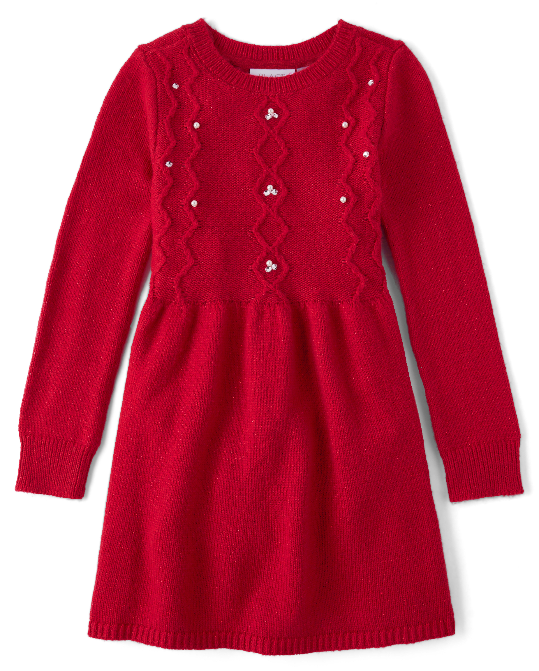 Girls Long Sleeve Faux Pearl Cable Knit Sweater Dress - RED | The Children's Place Girls Long Sleeve Faux Pearl Cable Knit Sweater Dress - RED | The Children's Place