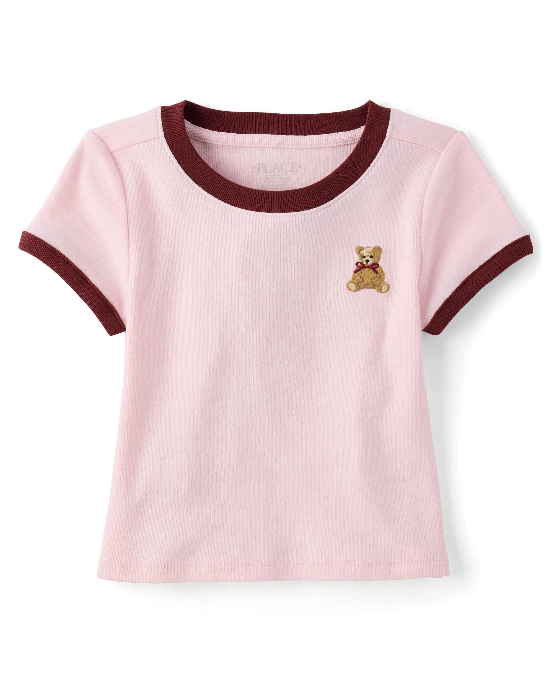 Girls Short Sleeve Embroidered Icon Graphic Ringer Baby Tee - PINK