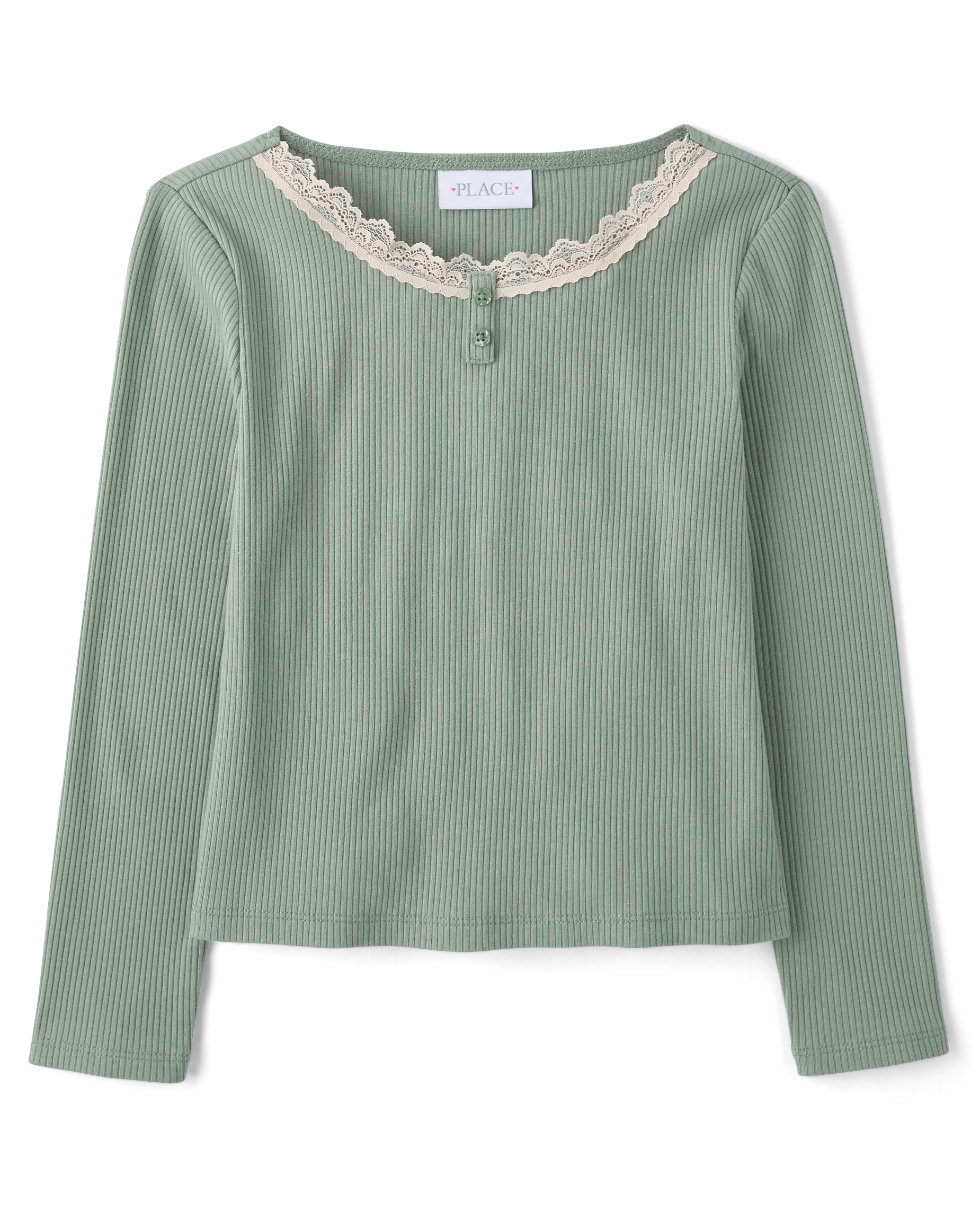 Girls Long Sleeve Lace Neck Ribbed Henley Top - GREEN | The