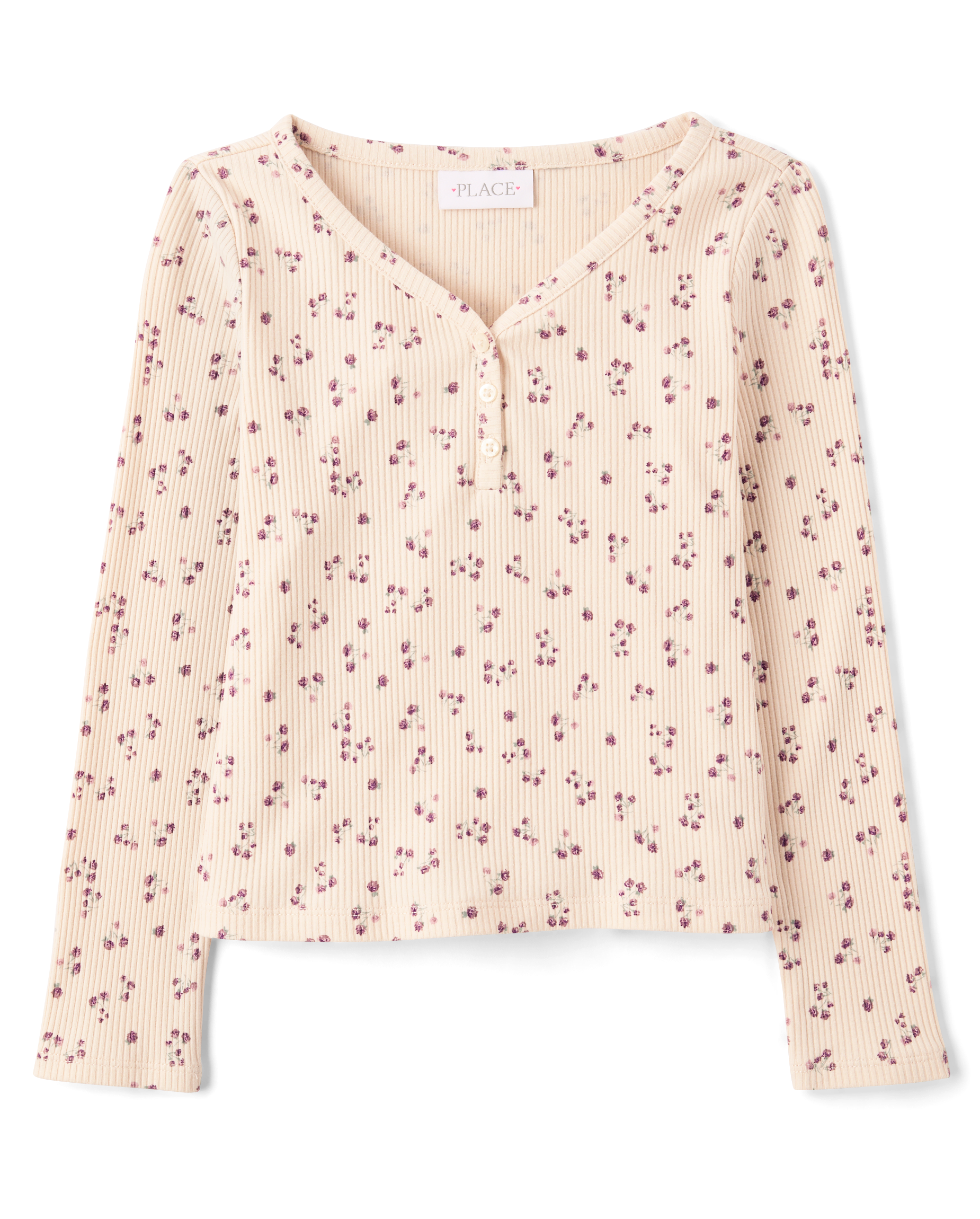 Girls Long Sleeve Floral V-Neck Ribbed Henley Top - CREAM | The