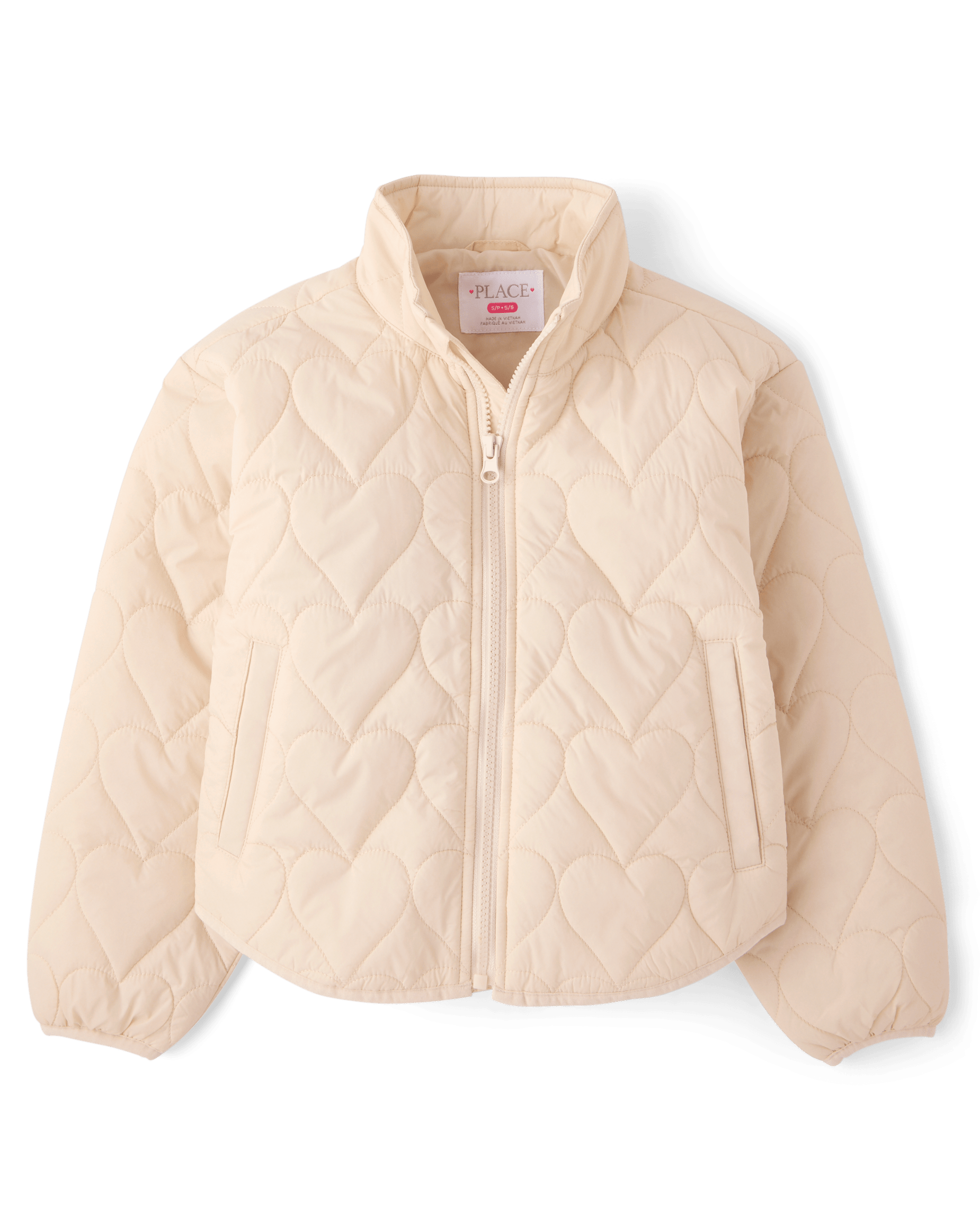 Girls Long Sleeve Heart Quilted Packable Puffer Jacket - CREAM