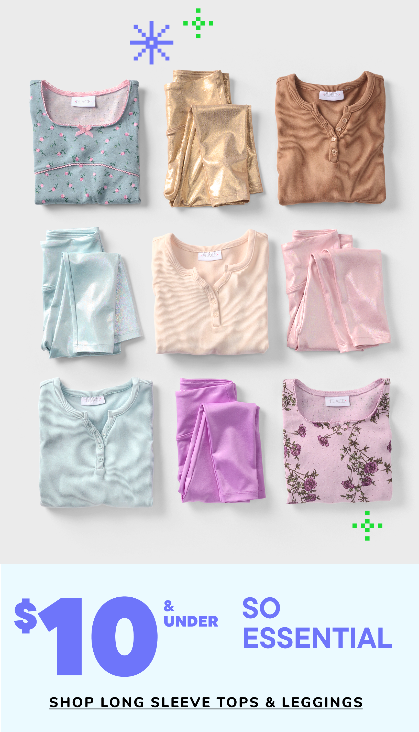 The image displays a collection of long-sleeve tops and leggings in various pastel colors and patterns, including mint green, beige, pink, and floral designs, all priced at $10 or less, highlighting their essential and affordable nature.