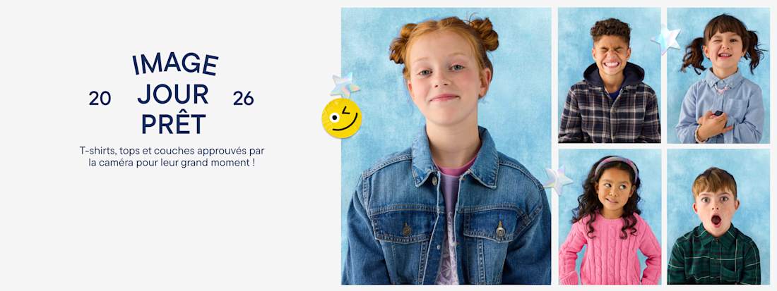 Un collage de portraits d'enfants avec le texte « Prêts pour la photo de classe » et des boutons d'achat sur la gauche.