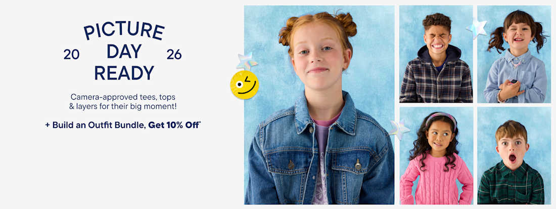 A collage of children's portraits with the text Picture Day Ready and shopping buttons on the left.