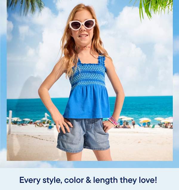 A smiling girl in sunglasses and summer clothes stands on a beach with a blue sky and clouds, while text advertises a 60% off sale on shorts with free shipping with code SHIPSHORTS