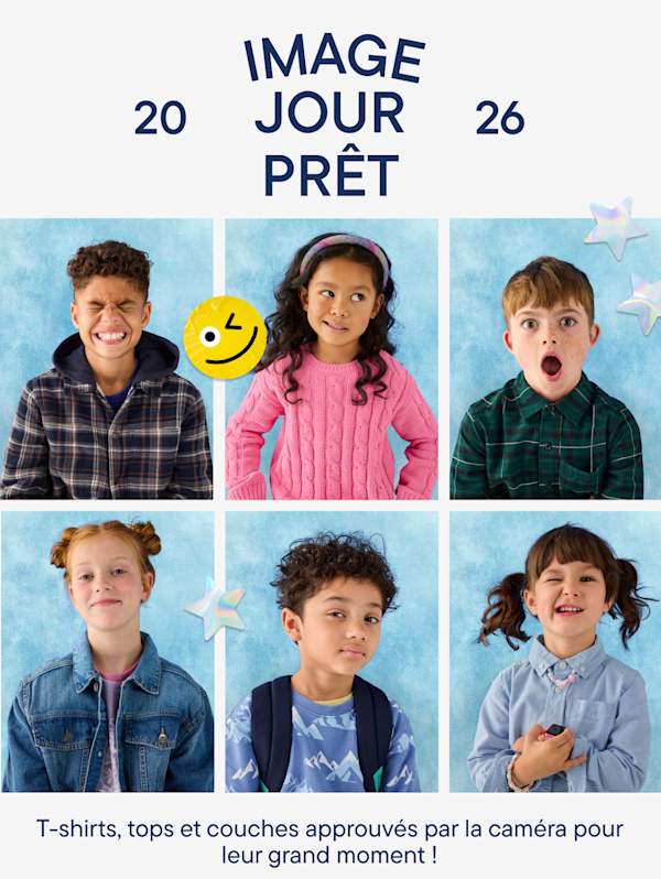 Un collage de portraits d'enfants avec le texte « Prêts pour la photo de classe » et des boutons d'achat sur la gauche.