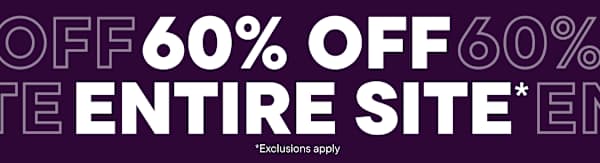Bold white text announcing a 60% OFF ENTIRE SITE sale is centered over a purple background with outlined repetitions of the same text. Exclusions Apply