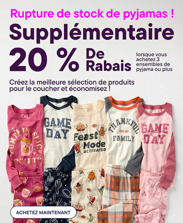 Cinq ensembles de pyjamas à thème sont présentés à droite sur fond blanc | Faites le plein de pyjamas ! 20 % de réduction supplémentaire dès 3 ensembles achetés. Créez la collection idéale pour la nuit !