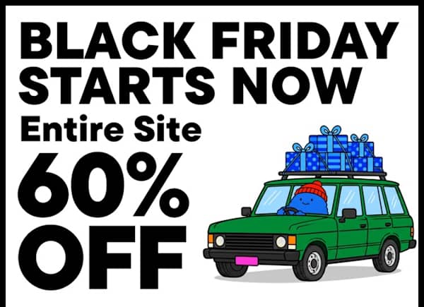 A green car carrying blue gifts on its roof is positioned to the right of bold black text announcing BLACK FRIDAY STARTS NOW! Entire Site 60% OFF