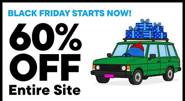 Un coche verde con regalos azules en el techo se sitúa a la derecha de un texto negro en negrita que anuncia: ¡EL BLACK FRIDAY COMIENZA AHORA! ¡Todo el sitio con un 60% de descuento!