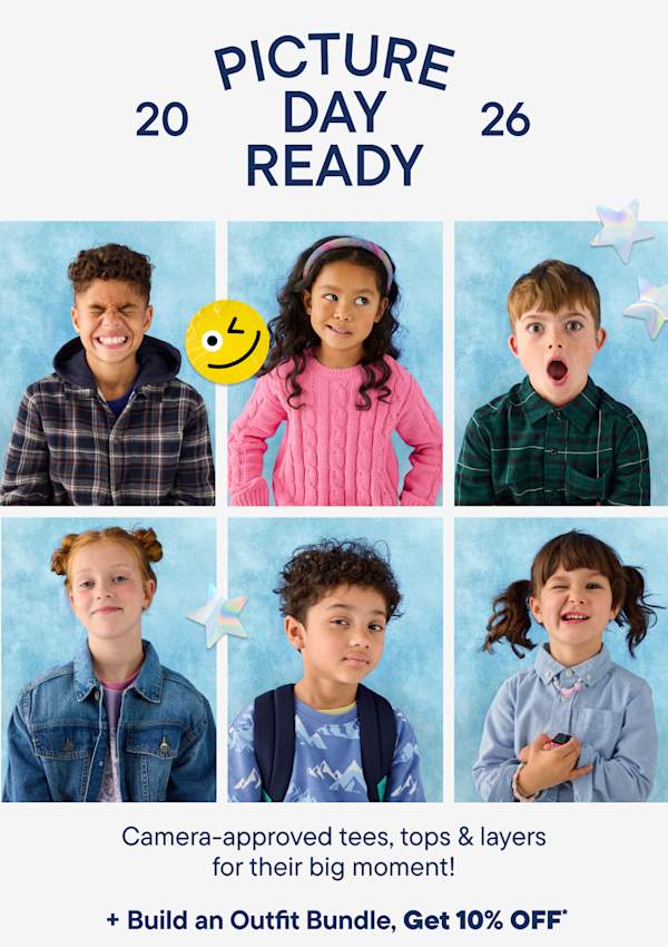 A collage of children's portraits with the text Picture Day Ready and shopping buttons on the left.