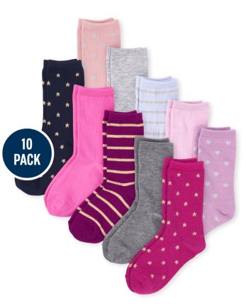 Girls Print Crew Socks 10-Pack