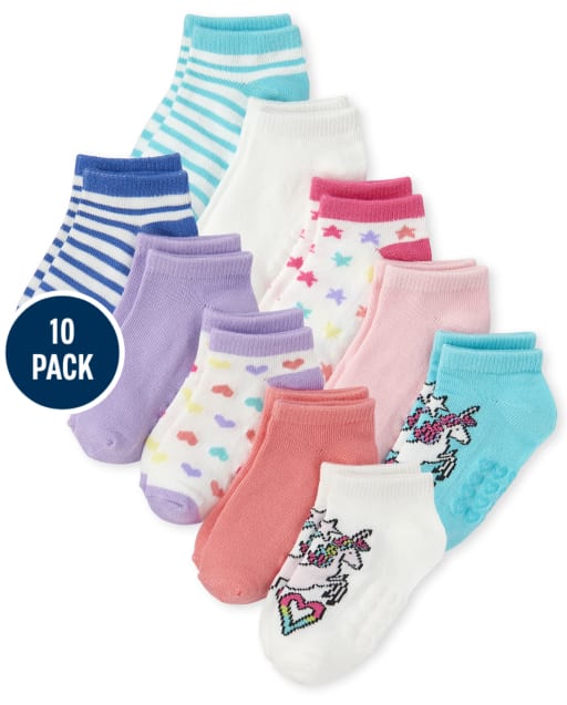 Calcetines tobilleros a rayas de unicornio para niñas pequeñas, paquete de 10