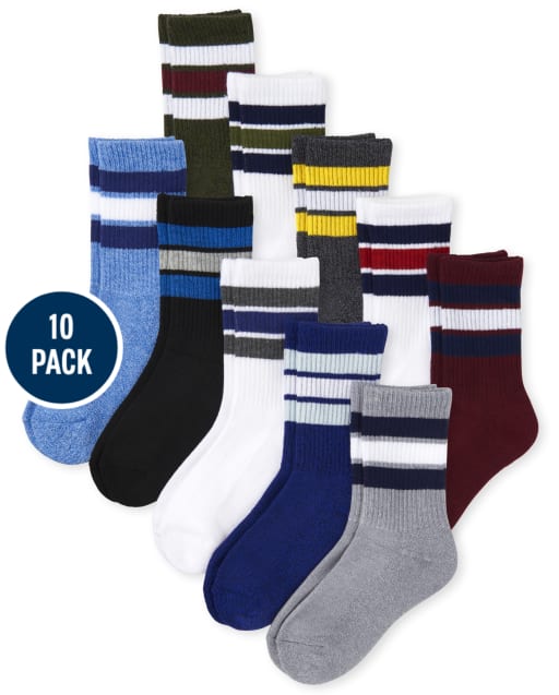 Boys Striped Cushioned Crew Socks 10-Pack