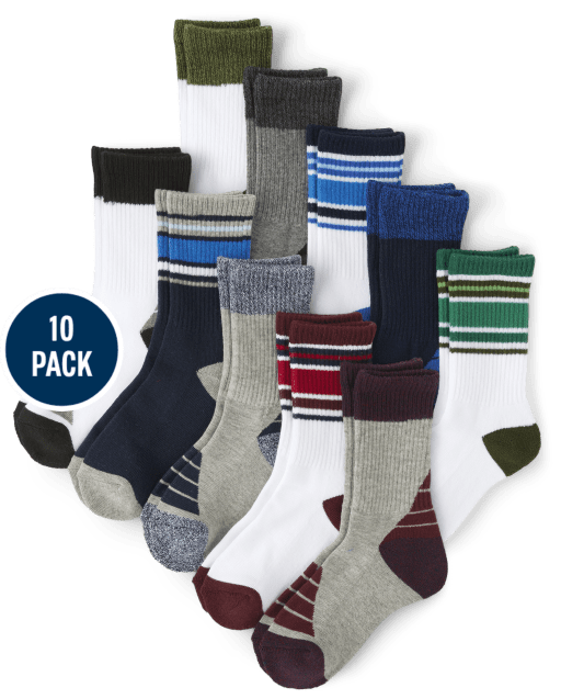 Boys Striped Athletic Crew Socks 10-Pack