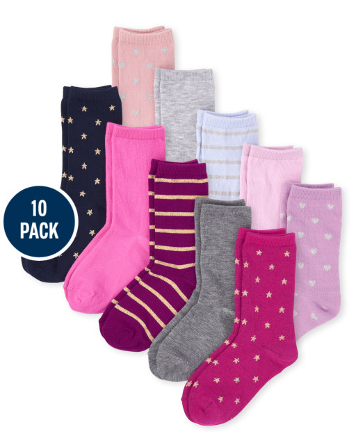 Girls Print Crew Socks 10-Pack