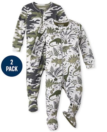 Pijamas De Una Pieza De Algodon Con Estampado De Dinosaurio Y Camuflaje De Manga Larga Para Bebes Y Ninos Pequenos Paquete De 2 The Children S Place