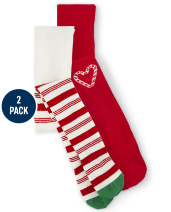 Girls Candy Cane Heart And Striped Tights 2-Pack - Holiday Express