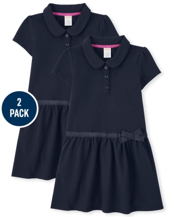 Girls Short Sleeve Knit Polo Dress with Stain Resistance 2-Pack