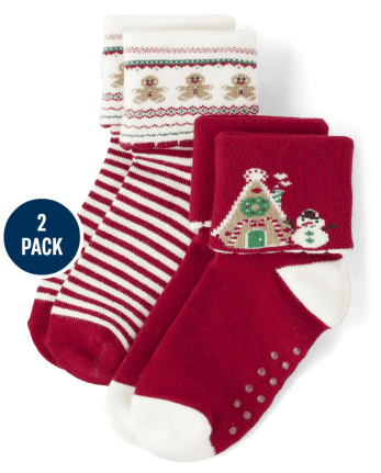 Paquete de 2 calcetines navideños con puños vueltos para niñas - Cabina de Navidad