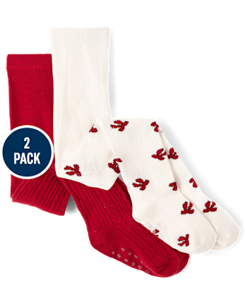Girls Bow Cable Knit Tights 2-Pack - Royal Christmas