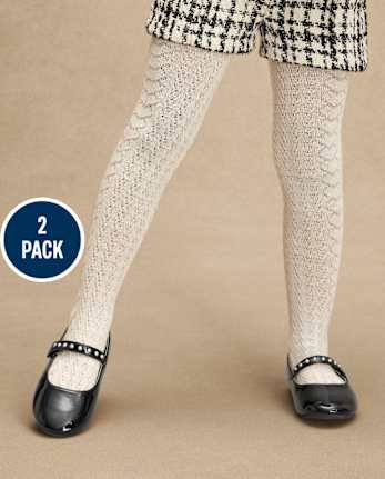 Girls Bow Cable Knit Tights 2-Pack - Petit Paris