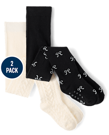 Girls Bow Cable Knit Tights 2-Pack - Petit Paris