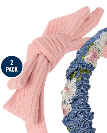 Girls Embroidered Floral Bow Headband 2-Pack - Blue Sky Mountain