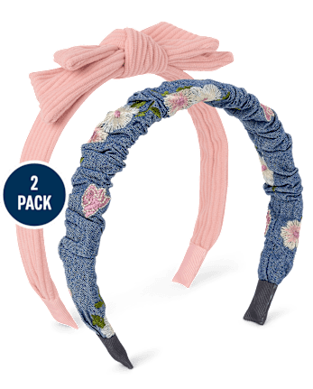 Girls Embroidered Floral Bow Headband 2-Pack - Blue Sky Mountain