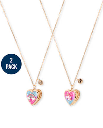 Girls Glitter Rainbow Unicorn BFF Locket Necklace 2-Pack