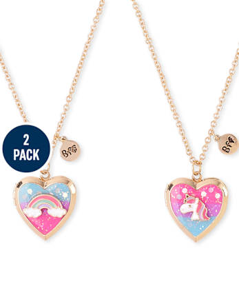 Girls Glitter Rainbow Unicorn BFF Locket Necklace 2-Pack