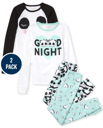 Girls Panda Snug Fit Cotton 4-Piece Pajamas
