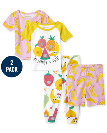Baby And Toddler Girls Fruit Family Snug Fit Cotton 4-Piece Pajamas