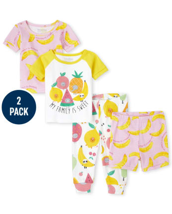 Pyjama 4 pièces en coton ajusté aux fruits pour bébés et petites filles
