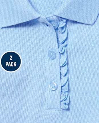 Polo de piqué con volantes de manga larga de uniforme para niñas, paquete de 2