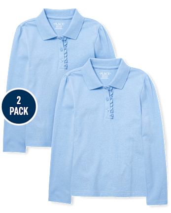 Polo de piqué con volantes de manga larga de uniforme para niñas, paquete de 2