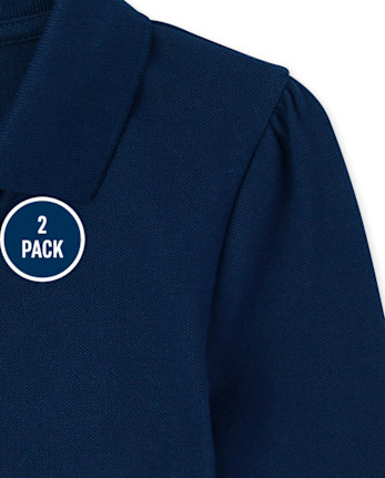 Polo de piqué con volantes de manga larga de uniforme para niñas, paquete de 2
